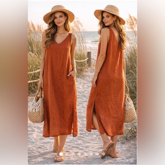Madewell Dresses & Skirts - Madewell Linen Blend Midi Tank Dress Sz XS Sleeveless VNeck Rust Light Airy Boho